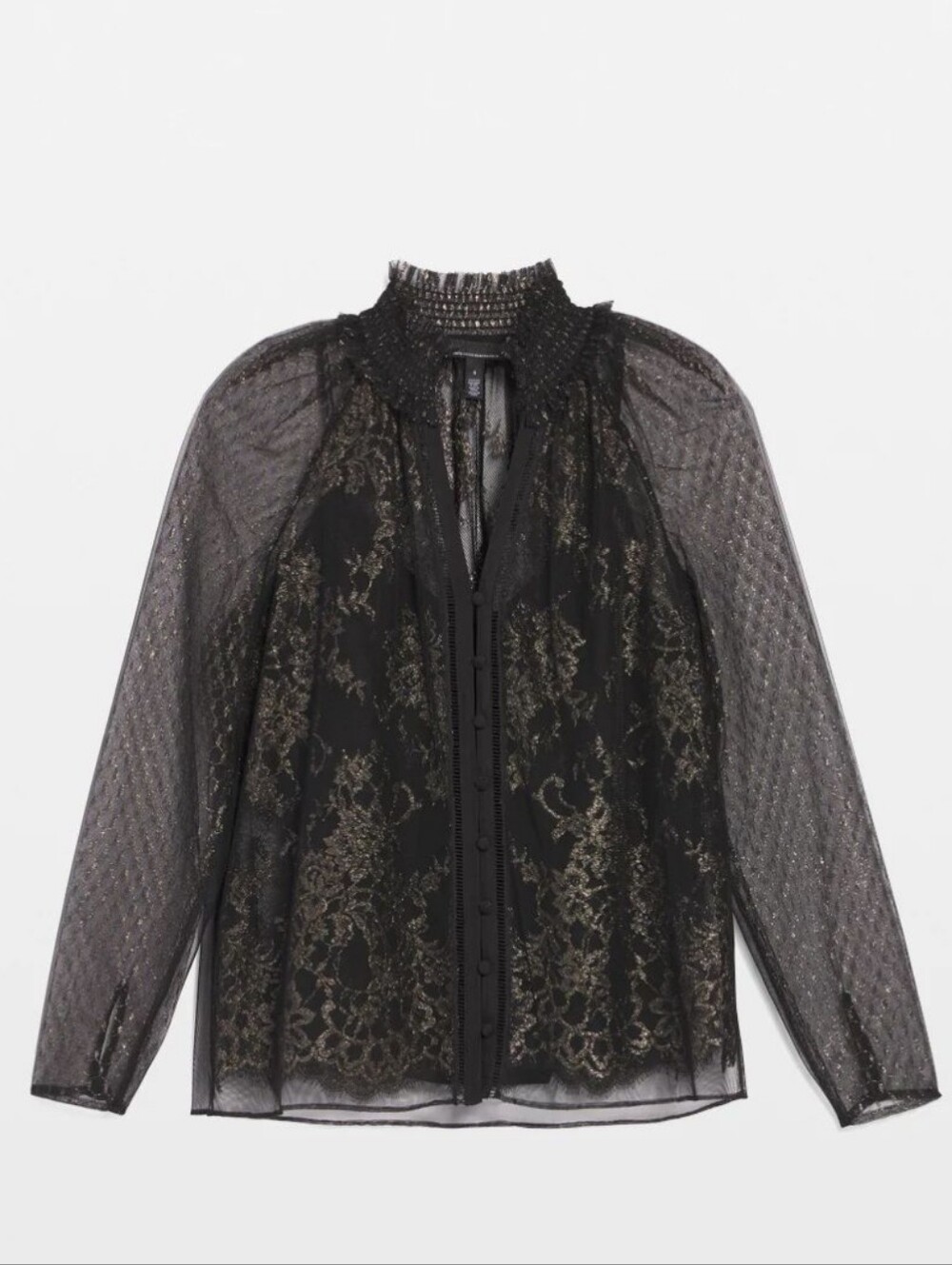 White House Black Market Black Sheer Blouse with Gold Lace Accents